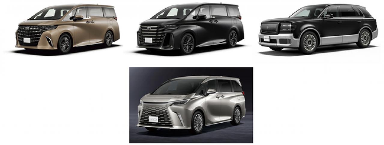 シャープのリヤマルチオペレーションパネルを搭載するトヨタの新型モデル(※3)上段左から:「アルファード」「ヴェルファイア」「センチュリー」下段:「レクサスLM」